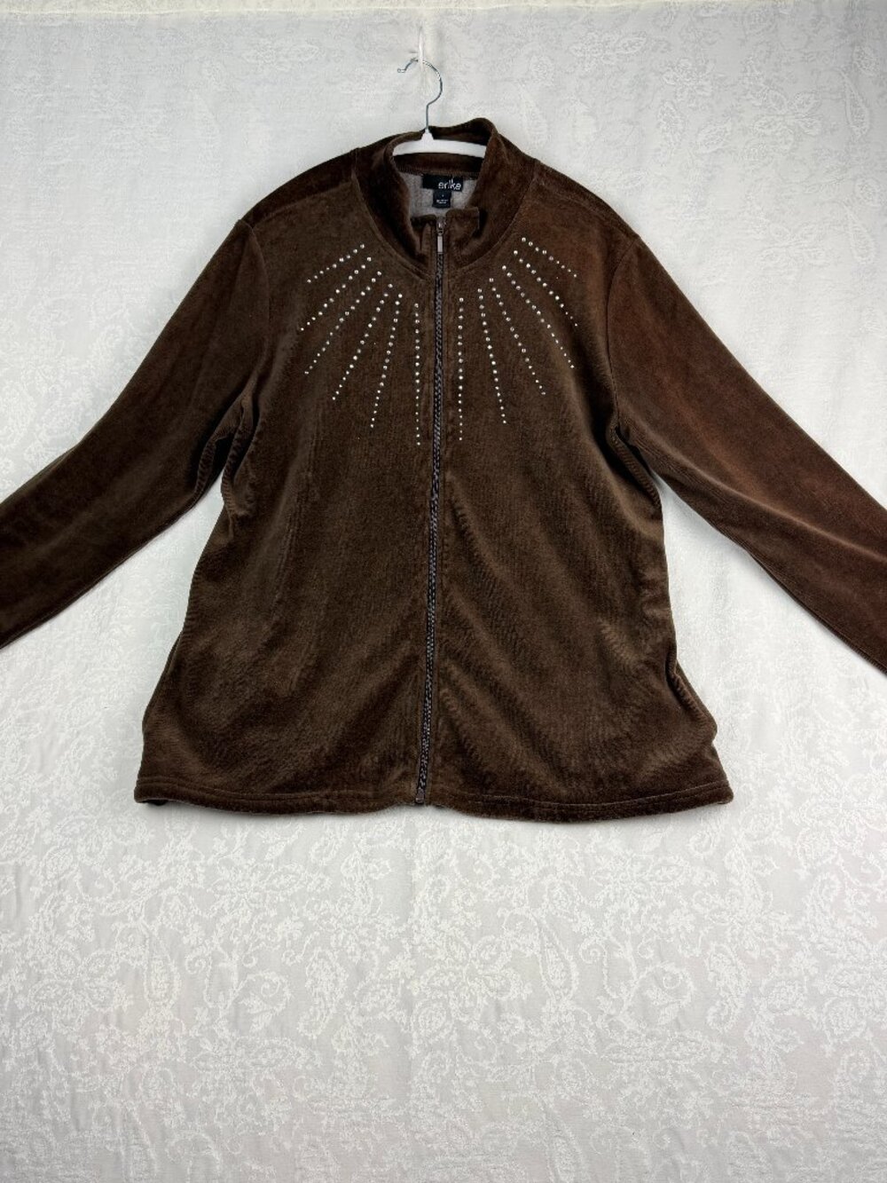 Erika Women’s Large Brown Velour Zip Jacket Rhinestone Studded Y2K Track Top 90s